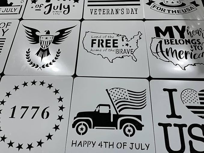 16 pcs Independence Day Stencils Reusable,8x8 4th of July Stencils for Painting American Flag Stencil for Scrapbooking Drawing Wall Floor Decoration DIY Painting Projects (Independence Day-16pcs)