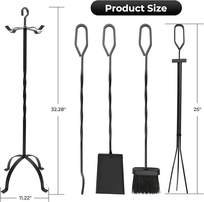 Fireplace Tools Set 5 Pieces - Lightweight Wrought Iron Fire Pit Accessories for Indoor Outdoor, Includes Sturdy Stand, Poker, Shovel, Brush & Tongs - Modern Fire Place Kit for Wood Stove