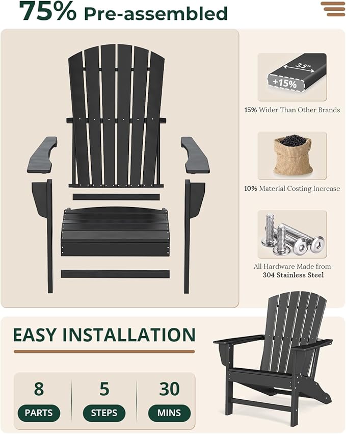 BRIOPAWS Adirondack-Chairs-Set of 4 | Black | Fire Pit Chair | Oversized | HDPE Plastic | All Weather | for Deck Outdoor Poolside Campfire