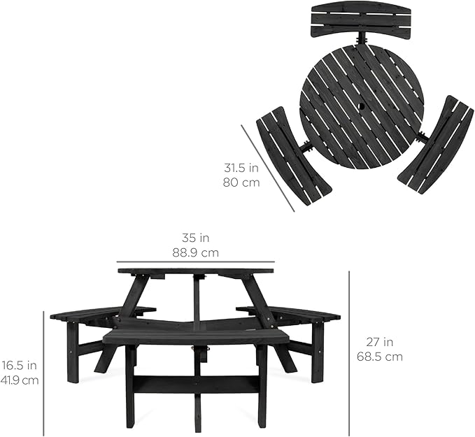Best Choice Products 6-Person Circular Outdoor Wooden Picnic Table for Patio, Backyard, Garden, DIY w/ 3 Built-in Benches, 500lb Capacity - Black