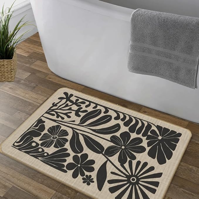 Boho Beige and Black Floral Door Mat - Bohemian Neutral Floral Front Door Welcome Mats Outdoor Entrance, 17x30 Rug