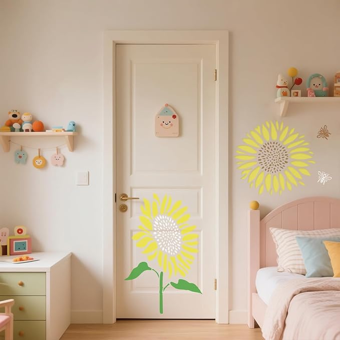 7 Pcs Large Sunflower Stencils for Painting, Flower Leaf Bee Paint Stencils for Wood, 14 Inch Floral Template Crafts Reusable Stencil on Wall Floor Door Fence Wallpaper Furniture Decoration