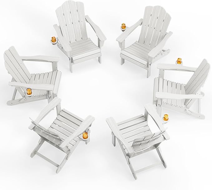 KINGYES Folding Adirondack Chair Set of 6, HDPE All-Weather Patio Chairs with Cup Holder, Wooden Textured Fire Pit Chairs for Poolside, Backyard, Deck, White
