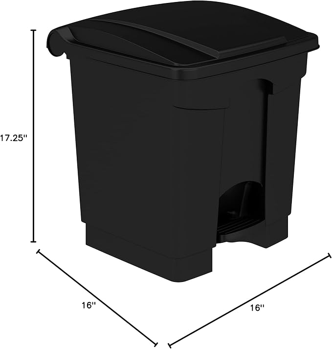 Safco Step On Plastic Trash Can with Foot Pedal, 8 Gallon Garbage Can for Kitchen, Indoor or Outdoor Use, Hands Free, Black