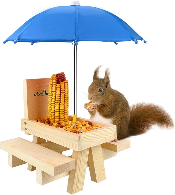 MIXXIDEA Squirrel Feeder Table with Umbrella, Wooden Squirrel Picnic Table Feeder, Sturdy Squirrel Feeder Corn Cob Holder, with Solid Structure and 2 x Thick Benches(Blue)
