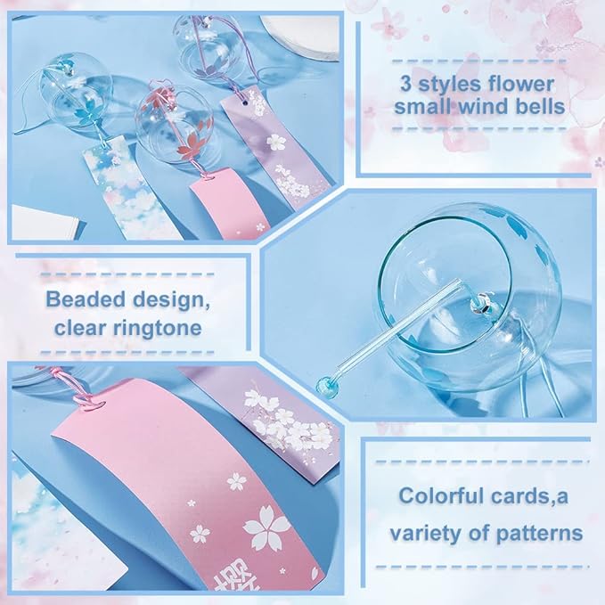 BENECREAT 3pcs Japanese Wind Chimes Pink Blue Light Purple Flower Wind Bells Handmade Glass Pendants for Wedding Festival Gift, Garden Window Outdoor or Indoor Home Decors