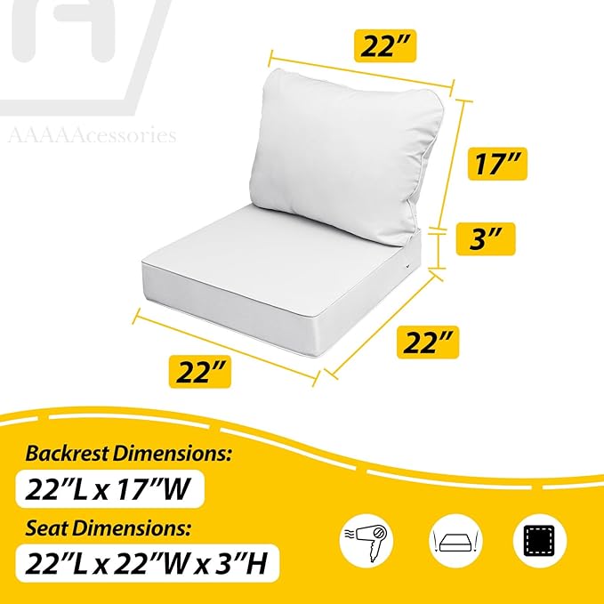 AAAAAcessories Outdoor Seat Cushions for Chairs, Fade-Resistant, Waterproof Patio Furniture Replacement Cushions, 22" x 22" x 3" + 22" x 17", Creamy White