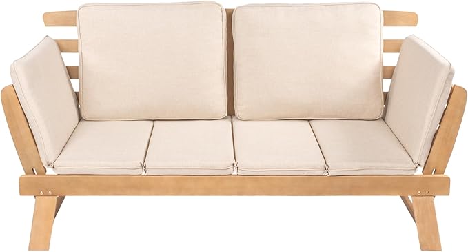 JONATHAN Y SFB1000A Hartley 2-Seat Modern Scandinavian Folding Wood Outdoor Day Bed Sofa Mid-Century, Classic, Transitional, Industrial for Backyard, Patio, Porch, Beige/Light Teak