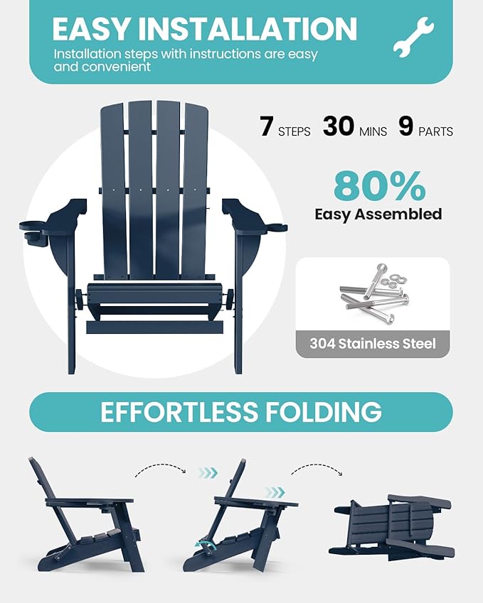 Folding Adirondack Chair 1 Pack, HDPE All-Weather Fire Pit Chairs, Plastic Adirondack Chairs with 2 Cup Holder, Outdoor Lawn Chair for Patio Garden (Navy Blue)