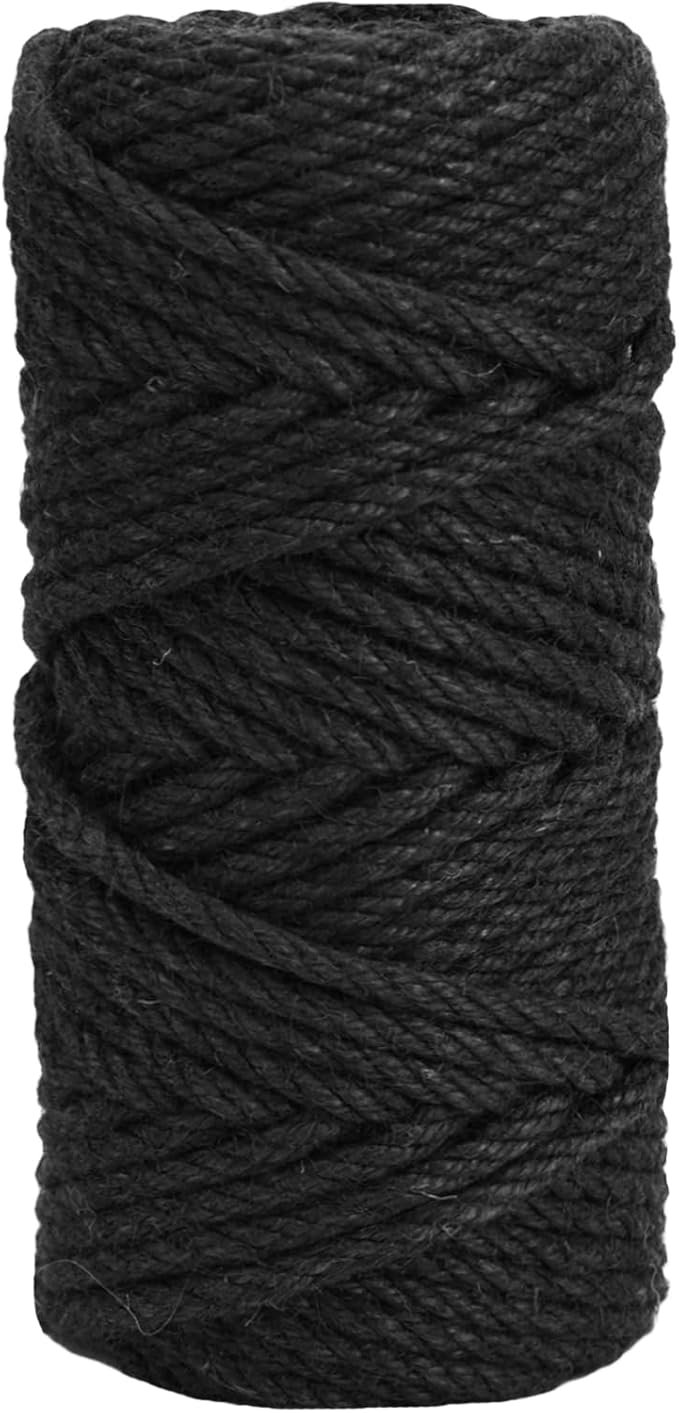 Leecogo 6mm Jute Rope 100 Feet Natural Craft Rope Twine String Perfect for Home Gardening Macrame Arts Crafts DIY Cat Scratching Post Replacement Repairing Recovering Cats Toy Making,Black