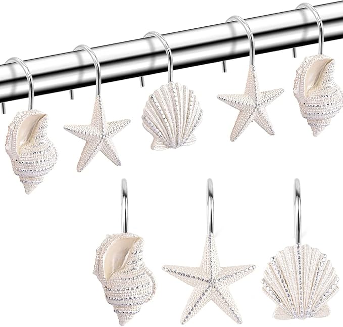 Seashell Shower Curtain Hooks，12PCS Anti Rust Decorative Resin Hooks for Bathroom, Baby Room, Bedroom, Living Room Decor (White Seashell)
