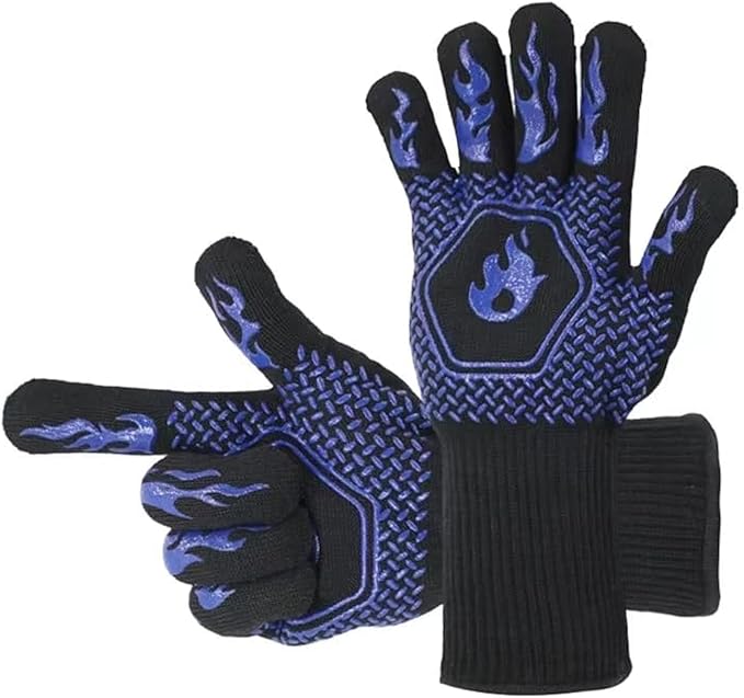 BBQ Grill Gloves Heat Resistant 1472℉ High Temp Resistance Fireproof Glove for Grilling Smoking Barbecue Washable Long Oven Extreme Hot Proof Mittens for Kitchen Baking (Blue)