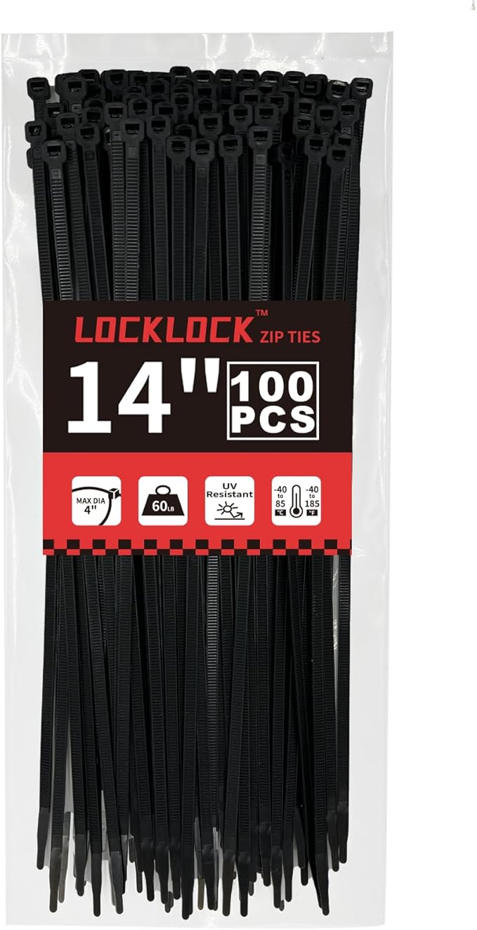 Zip Ties 14 inch(100 Pack), 60 lb, Black Heavy Duty Wire Ties, UV Resistant Cable Ties for Indoor and Outdoor Use, LOCKLOCK