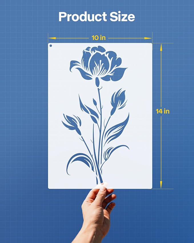 10"x14" Large Flower Stencils for Painting on Walls, Reusable 3PCS Flower Stencil for Garden Fence, Floral Stencil Kit for Wood Fabrics Furniture