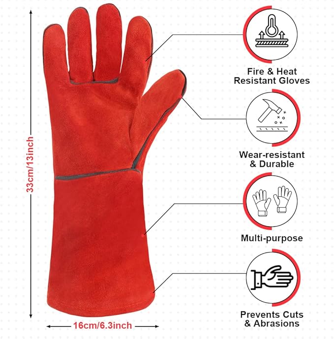 AUAUY Heat & Fire Resistant Gloves Leather BBQ Gloves Wear Resistant Heavy-Duty Welding Gloves for Grinding,Baking,Gardening