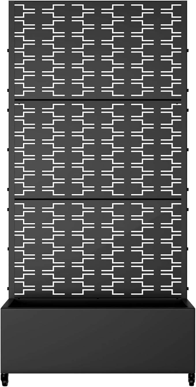 Casaphoria Metal Raised Garden Bed with Trellis and Wheels, 72"x35"x16" Planter Box for Climbing Plants, Vegetables & Vines, Features Drainage Holes and Privacy Screen (Black-Brick)