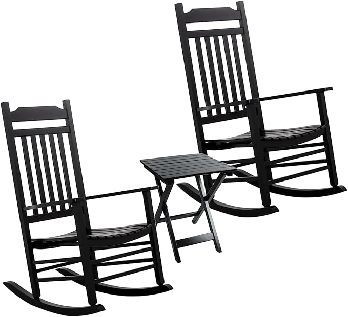 Black Porch Rockers 3 Piece Outdoor Wooden Adults Furniture Set with 2 Rocking Chair and 1 Outdoor Side Table for Patio Lounge Balcony