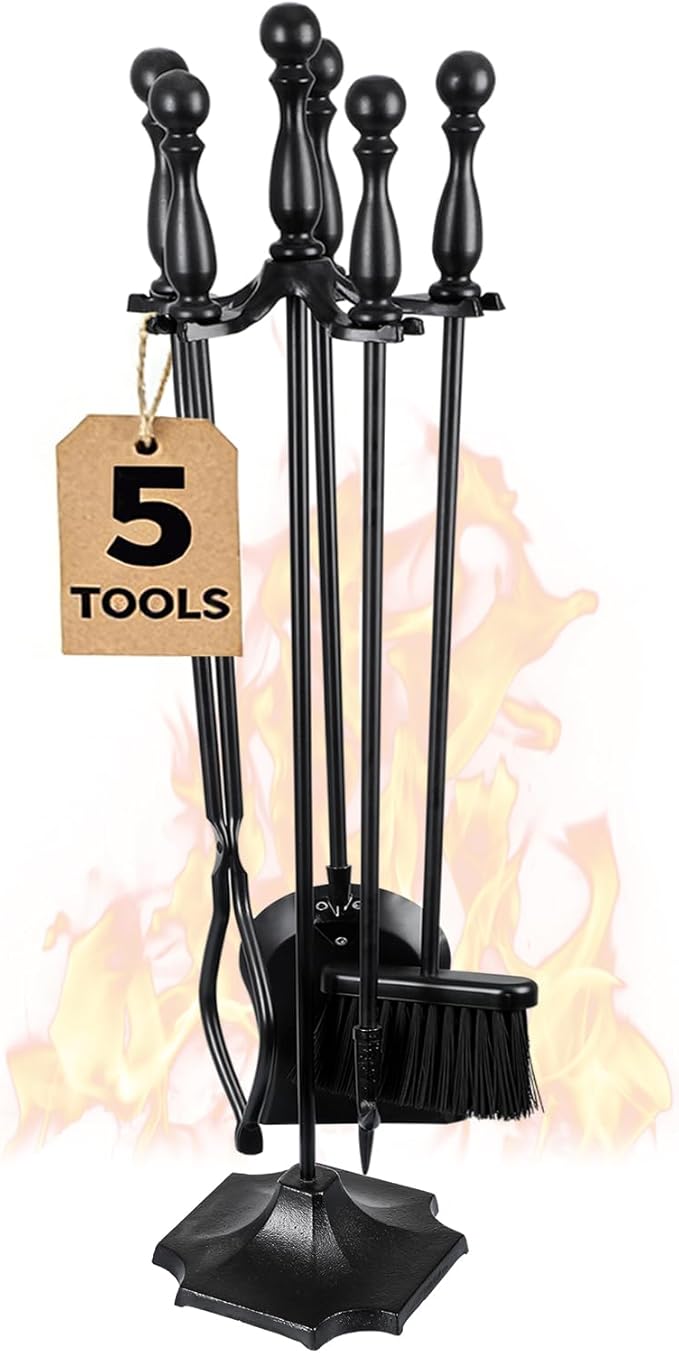 JupiterForce 5 Pieces Fireplace Tools Set Indoor Outdoor 31" Wrought Iron Large Fire Place Set Tools, Fire Pit Tools with Poker Shovel Tongs Brush and Stand, Black