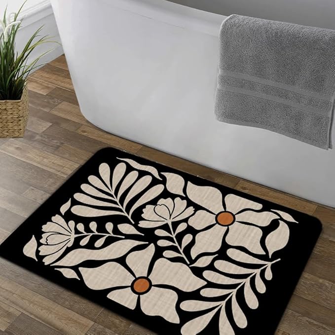 Boho Beige and Black Floral Door Mat - Bohemian Neutral Floral Front Door Welcome Mats Outdoor Entrance, 17x30 Rug