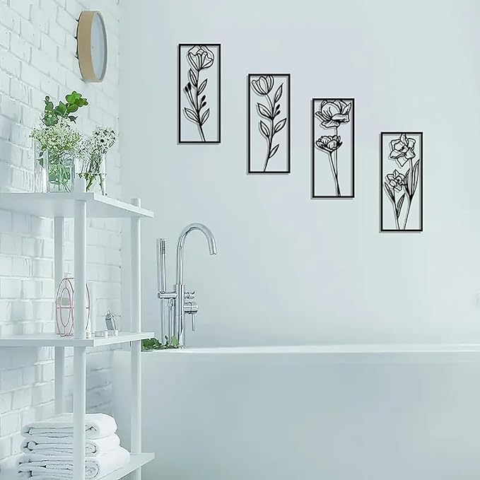 DUOOLN Metal Flowers Wall Art Decor, 4pcs Minimalism Flower Hanging Iron Decoration, Modern Plant Potted Art Sculpture Sign, Home Bedroom Bathroom Outdoor Indoor Kitchen Feature Wall-15.7x6.69in