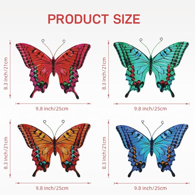 4 Pack Butterfly Wall Decor Art, Vivid Butterflies Outdoor Metal Wall Art with Colorful Pattern, Outdoor Garden Yard Fence Patio Decor Gift for Women Mom