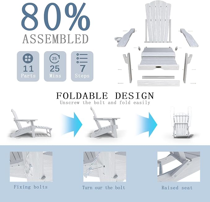 Folding Adjustable Adirondack Chairs with Ottoman & 1 Cup Holders Set of 8, HDEP Multifunctional Adirondack Chair with Footrest,White
