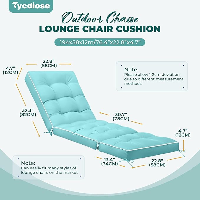Outdoor Chaise Lounge Chair Cushion, Waterproof Non-Slip Patio Chaise Lounge Cushions for Outdoor Furniture, Thickened Patio Pool Lounger Chair Cushion, 76.4 x 22.8 x 4.7 Inches, Teal