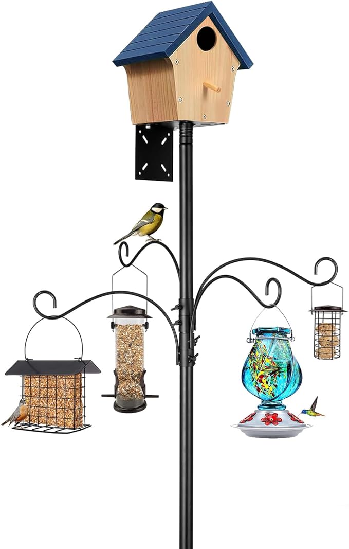 Bird Feeder Pole - 93 Inch Heavy Duty Birdhouse Pole with Squirrel Proof Baffle and 4 Hooks, Blue