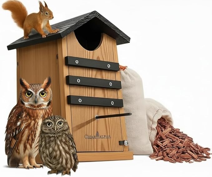 Cedar Screech Owl House Box, Squirrel House Nesting Shelter, Large Cedar Bird House for Outside, Rustic Big Birdhouse,Nesting Shelter Nester Heavy Duty, Stainless Steel Perch,Assemble Needed