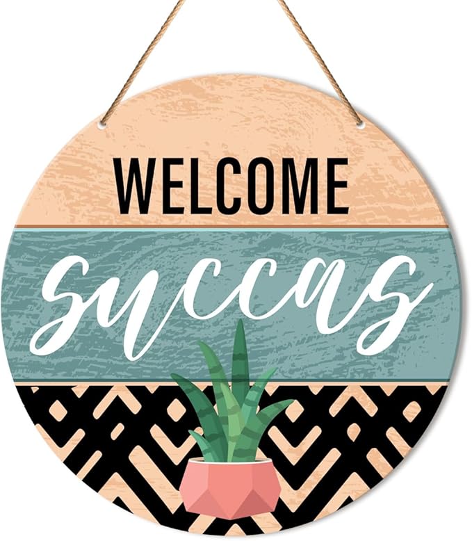 Muktoujaumai Welcome Sign Front Door Decor, Welcome Round Hanging Sign Decor Boho Decorations Succulent Wall Wood Sign for Door, Porch, Home, Plant Lover Gift, Welcome Succas