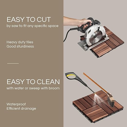 10 Pcs Deck Tiles, Patio Flooring - Outdoor Waterproof Acacia Wood Tiles for All Weather Use - Balcony, Backyard, Indoor & Outdoor (Dark Brown Crossed Pattern, 10 Square Ft)
