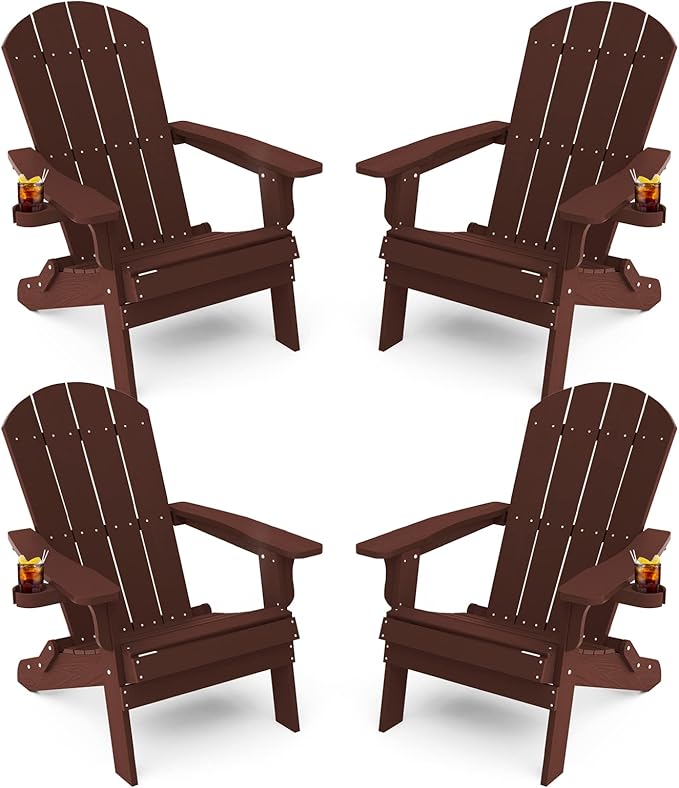 YEFU Adirondack Chair, Foldable Oversized Plastic Adirondack Chair Set of 4 with Cup Holder, Patio Chair with Weather Resistant for Outside Deck Lawn, Weight Capacity Up to 400 Lbs –Mahogan