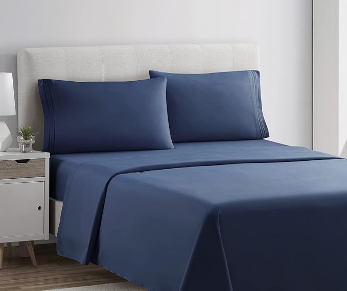 Clara Clark Bed Sheets, Premier 1800 Series 4 Piece Bed Sheet Set, Deep Pocket, Wrinkle, Fade, Stain Resistant, Luxury Soft Bedding Sheets & Pillowcases, Split King, Navy Blue