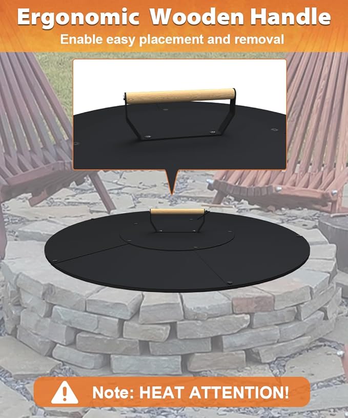 28" Wooden-Handle Fire Pit Lid for Pits up to 26", Round Metal Bonfire Pit Burner Pan Cover, Smokeless Fire Pit Cover for Fire Tables, All-Weather Resistance Outdoor Firepit Accessory