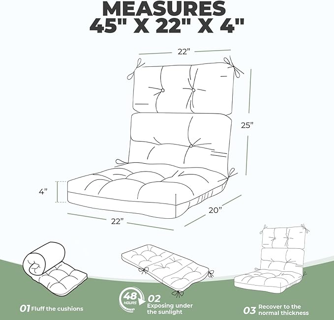 Outdoor/Indoor High Back Chair Cushion, Waterproof Outdoor Rocking Chair Cushion with Ties, Tufted Replacement Seat Cushions for Outdoor Furniture, Grey