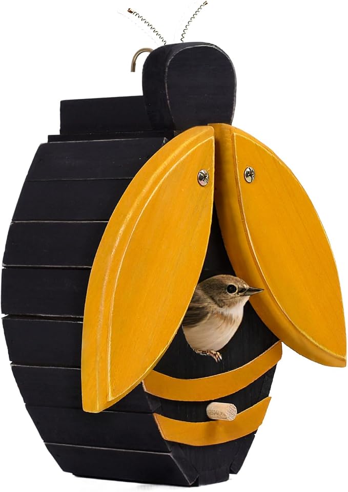 Bird Houses for Outside, Bee-Shaped Birdhouse Attracts Wild Birds (Bluebirds, Finches, Cardinals), Durable Wood Bird House with 4 cm Entrance Hole,Unique Garden Decor,Weather-Resistant