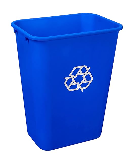 Amazon Basics Rectangular Commercial Office Wastebasket, Easy to Clean, Lightweight, 10 Gallon, Blue, Recycle Logo