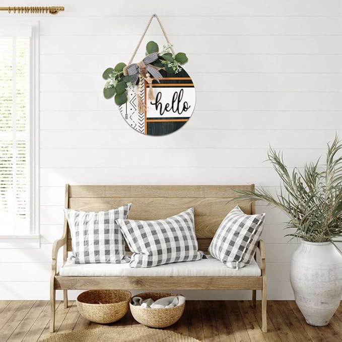 CHDITB Boho 3D Hello Front Door Wreath Sign(12"x12"), Farmhouse Front Door Porch Decor with Eucalyptus Leaves Plaid Bow Bead, Rustic All Seasons Door Hanger Decoration Hanging for Office Home