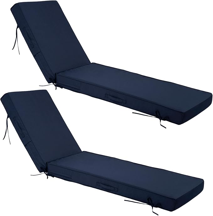 Chaise Lounge Cushions Outdoor Set of 2, Waterproof & Fade Resistant Patio Lounger Cushions, Replacement Sun Lounger Pads with Removable Cover for Pool, Deck, Lawn Furniture