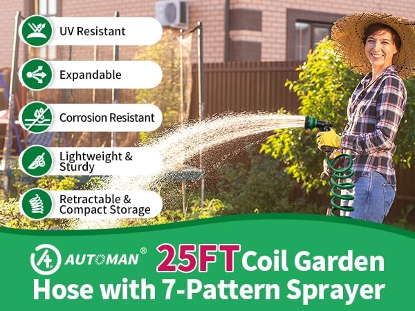 AUTOMAN Coil Garden Hose 25 ft, EVA Curly Water Hose with Brass Connectors, Recoil Garden Water Hose,Includes 7-Pattern Function Sprayer,Retractable,Corrosion Resistant Garden Coil Hose.