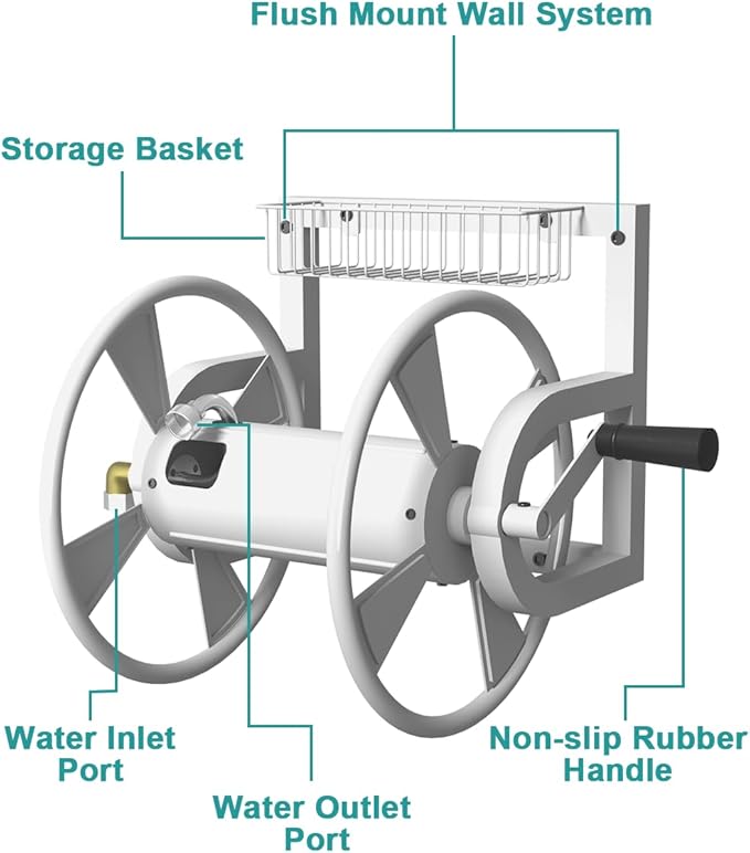 Garden Wall Mounted Hose Reel, Outdoor Heavy-Duty Water Hose Holder Winder, Holds 125 Feet of 5/8-Inch Hose, with 3.9 ft Leader Hose, Brass Fitting and Storage Basket for Yard, White