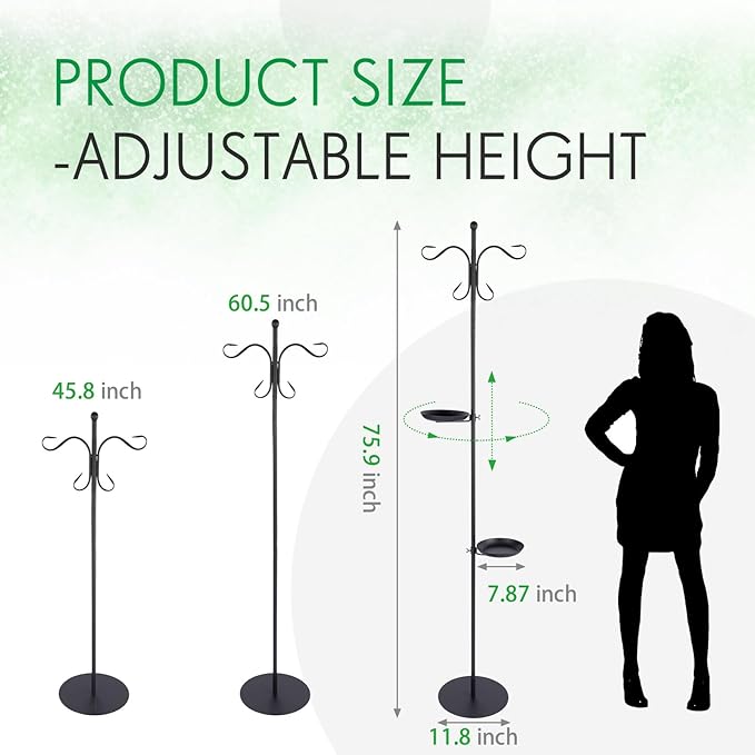 1 Set 75.9" Shepherd's Hook Stand for Bird Feeder, Hanging Plant, Wind Chime, Waterproof Metal & Adjustable Standing Pole Holder for Indoor Outdoor, with 2 Rack & Weight Bag (2 Hooks)