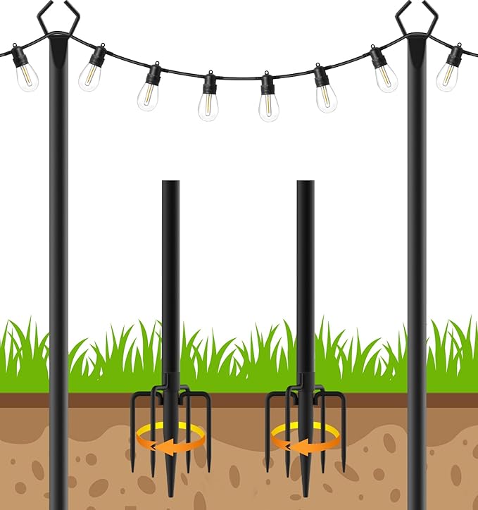 LETIANPAI 10Ft String Light Poles 4 Pack,Light Poles for Outside Lights,Outdoor with Fence Brackets Hanging Lights,Metal Stand Deck Patio Backyard (2 Pack 10FT)