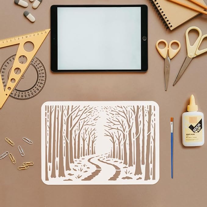 FINGERINSPIRE 4PCS Forsest Painting Stencil with Plastic Brush 8.3x11.7inch Hollowed Trees Grass Drawing Template Pathway in Forsest Stencil Reusable Plant Theme Template for Adults Painting on Wood