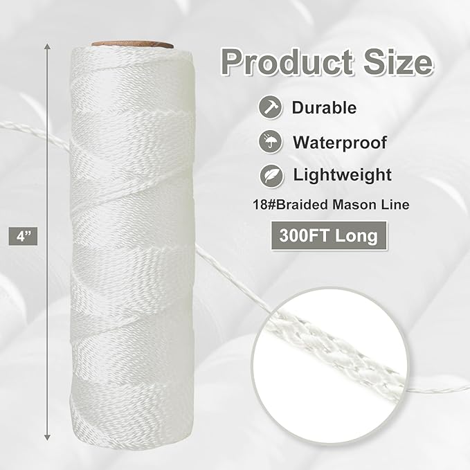 Mason Line String Line,300 Ft Length Nylon Twine,18 Braided Nylon String for Gardening Or Masonry Tools,Twine String for Gardening,White