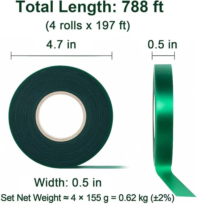 Plant Tie Tape – 4 Rolls (788 ft) Stretch Vinyl (PVC), 0.5" Wide, Non-Adhesive Garden Ties for Stems & Poles – Includes Mesh Bag & Binder Clip (788 ft)