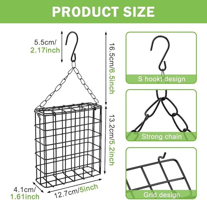 2PCS Outdoor Suet Cage Bird Feeder, Wild Bird Feeder with Single Suet Cake Capacity for Hanging Outside