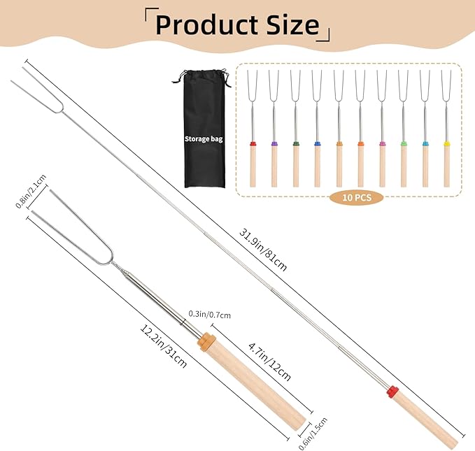 10 PCS Stainless Steel Marshmallow Roasting Long Sticks, 30 Inch Smores Sticks for Fire Pit, Portable Extendable Hot Dog Fork BBQ Tools, Smores Skewers for Camping, Bonfire Grill