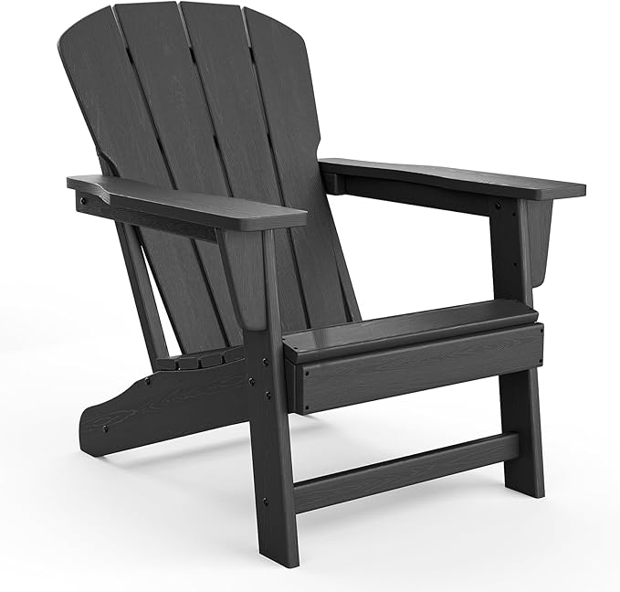 Modern HDPE Plastic Adirondack Chair - Oversize 380 LB Poly Lumber Weather Resistant Firepit Chair - Outdoor Patio Chairs with Wooden Textured for Garden, Backyard, Lawn, Deck, Pool, Porch - Black