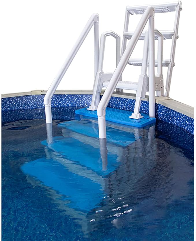 Aqua Select Anti-Slip in-Pool Steps with Outside Flip-Up Ladder | White/Blue Steps | for Above Ground Swimming Pools | Can Mount to Decks 48" to 54" H | Safety Stairs Capacity Up to 350 lbs